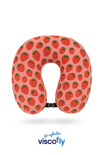 Visco Fly - Visco Seyahat Yastığı- Boyun Yastığı - 30*30*10 cm-% 100 Visco Dolgu-Kadife - Çilek Desen