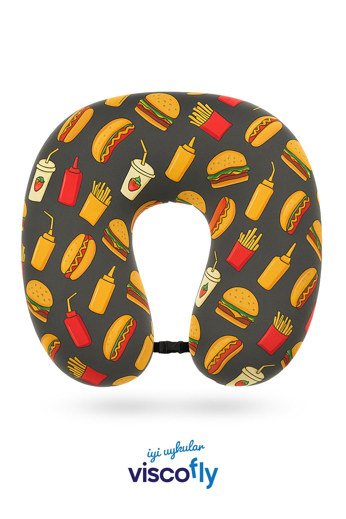 Visco Fly - Visco Seyahat Yastığı- Boyun Yastığı - 30*30*10 cm-% 100 Visco Dolgu-Kadife - Hamburger Desen