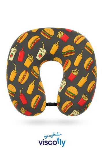 Visco Fly - Visco Seyahat Yastığı- Boyun Yastığı - 30*30*10 cm-% 100 Visco Dolgu-Kadife - Hamburger Desen