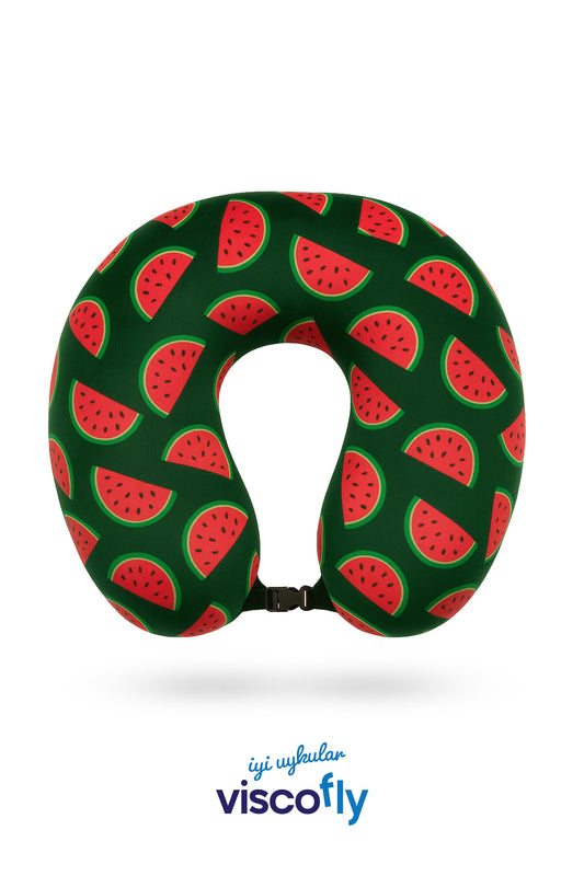 Visco Fly - Visco Seyahat Yastığı- Boyun Yastığı - 30*30*10 cm-% 100 Visco Dolgu-Kadife - Karpuz Desen