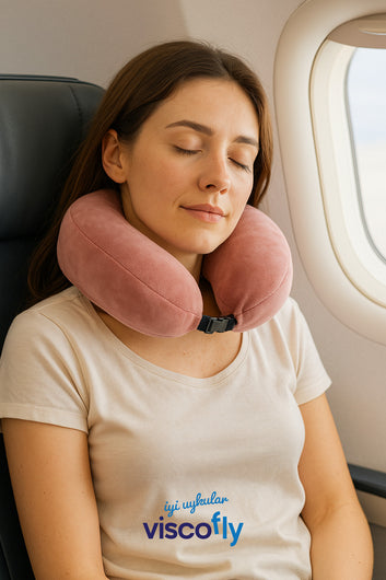 Visco Fly - Visco Seyahat Yastığı- Boyun Yastığı - 30*30*10 cm-% 100 Visco Dolgu-Kadife - Pudra
